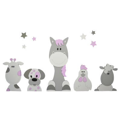 Boerderijdieren (5st.) koe-hond-paard-kip-schaap  - grijstinten met eigen kleur (100x50cm) - sterren optioneel
